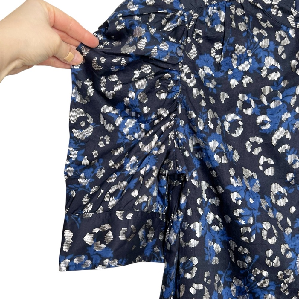 GAP Cotton Puff Sleeve Button Front Blouse Blue & Silver Size Medium - Picture 3 of 12